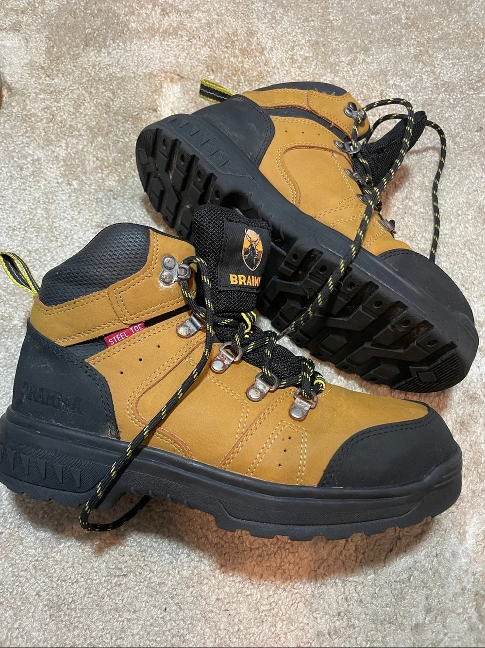 Brahma Tan and Black Men's Work Boots with Yellow-Trim Laces - Picture 2 of 4